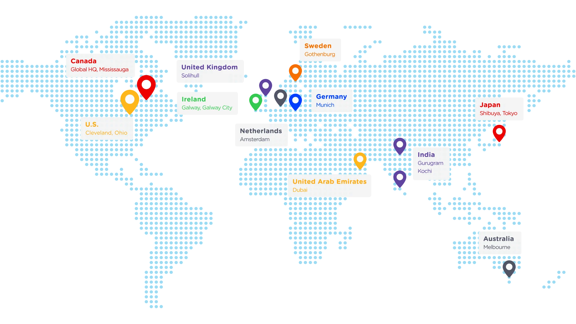 soti global office locations pins on world map