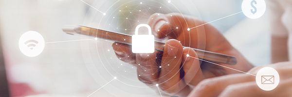 Icons representing digital security superimposed over a close up on a hand holding a smartphone